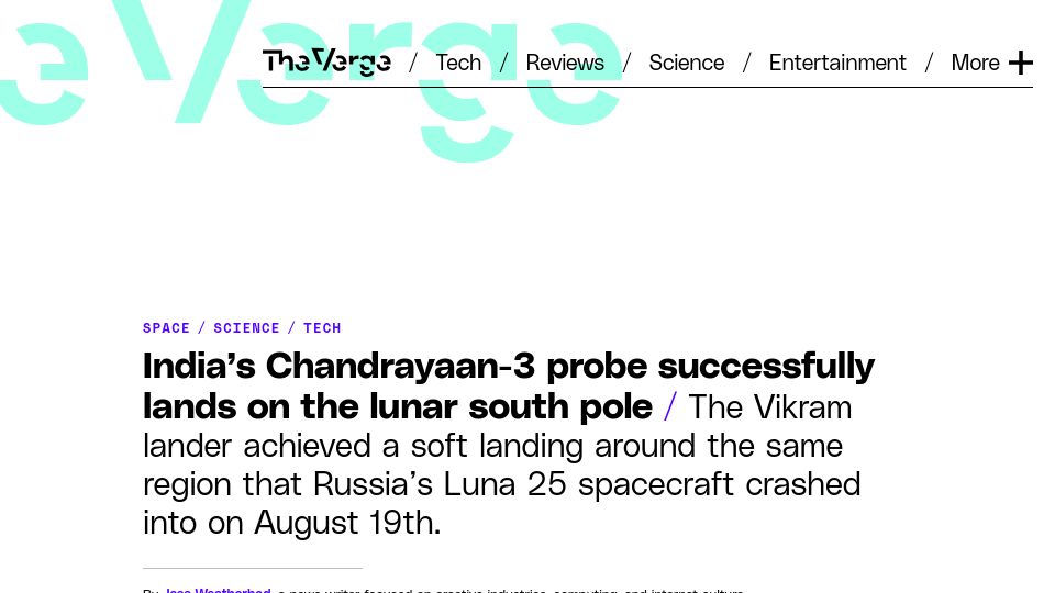 Screenshot of theverge.com: India’s Chandrayaan-3 probe successfully lands on the lunar South Pole