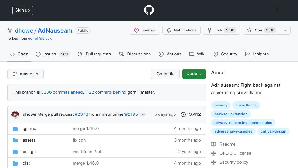 Screenshot of github.com: AdNauseam: uBlock Origin fork silently clicking ads on behalf of users