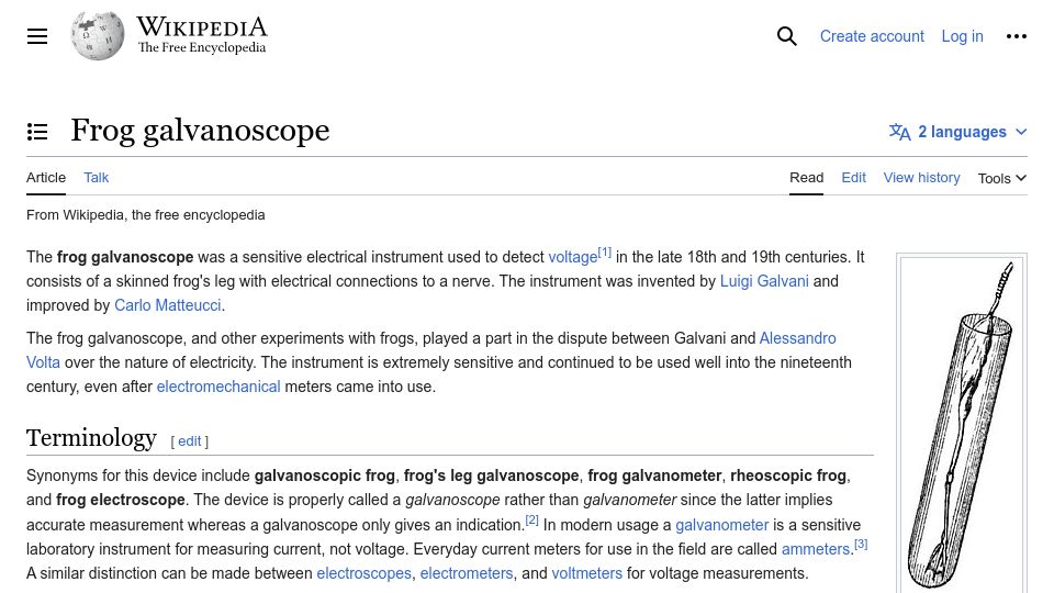 Screenshot of en.wikipedia.org: Frog Galvanoscope