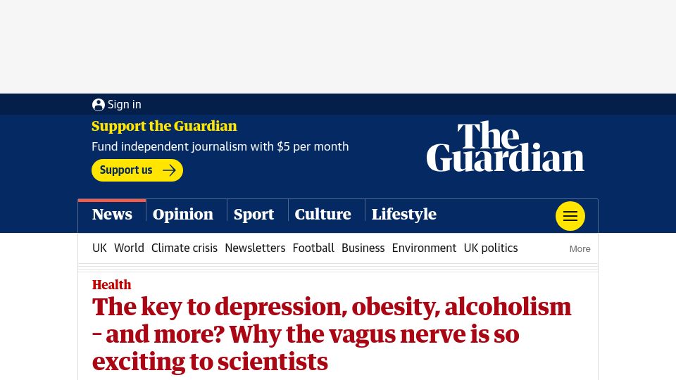 Screenshot of theguardian.com: Growing scientific interest in vagus nerve stimulation