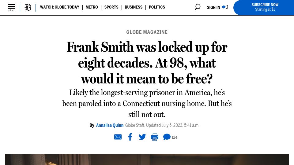 Screenshot of bostonglobe.com: Frank Smith was locked up for 8 decades. At 98, what would it mean to be free?