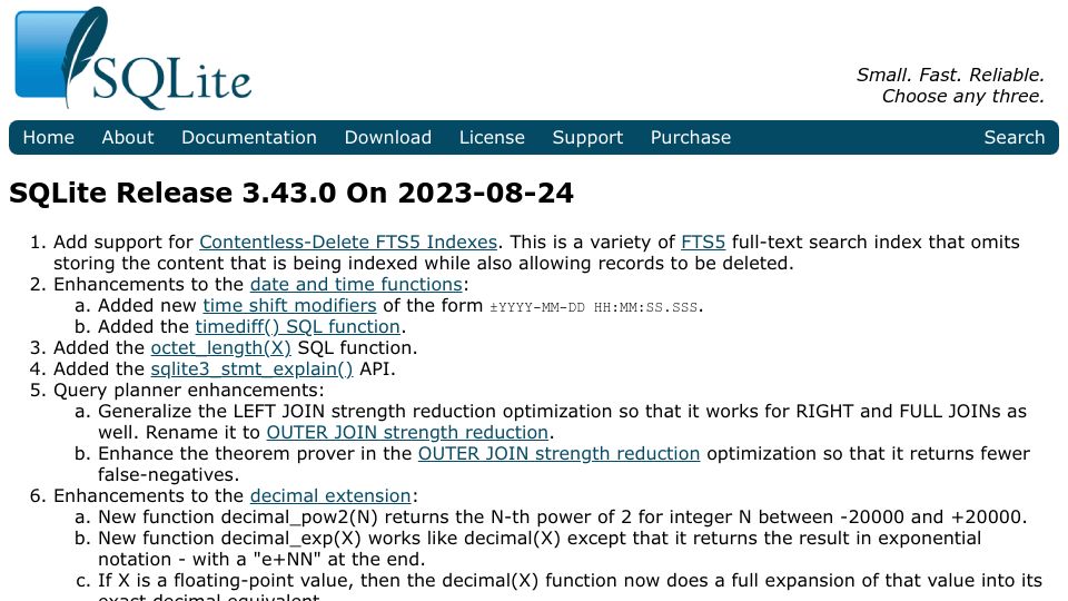 Screenshot of sqlite.org: SQLite 3.43