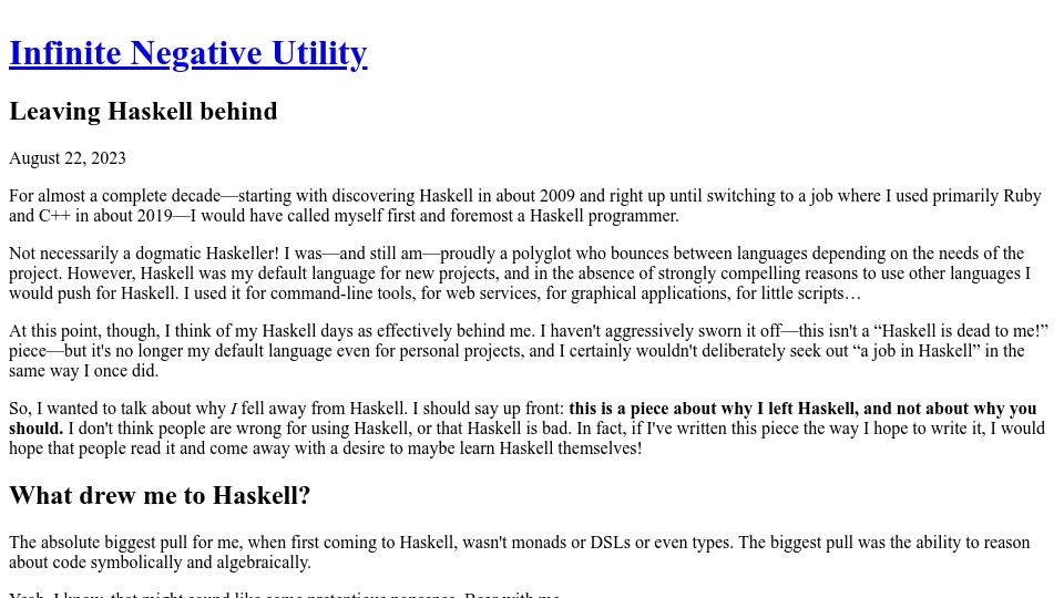 Screenshot of journal.infinitenegativeutility.com: Leaving Haskell behind