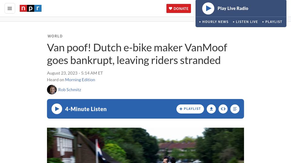 Screenshot of npr.org: Dutch e-bike maker VanMoof goes bankrupt, leaving riders stranded
