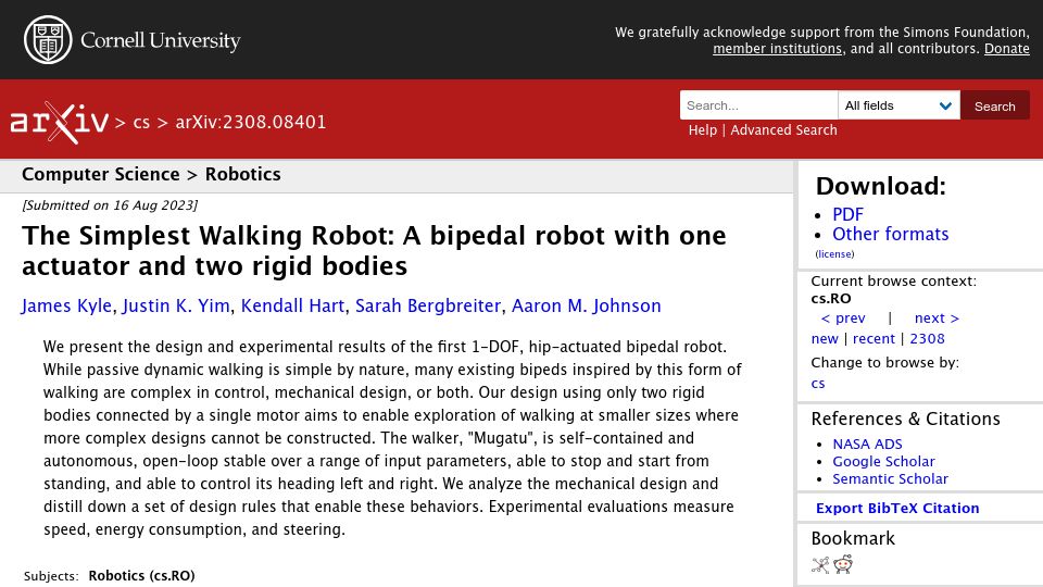 Screenshot of arxiv.org: The Simplest Walking Robot: A bipedal robot with 1 actuator and 2 rigid bodies