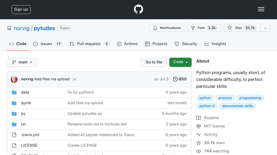 Screenshot of github.com: Pytudes