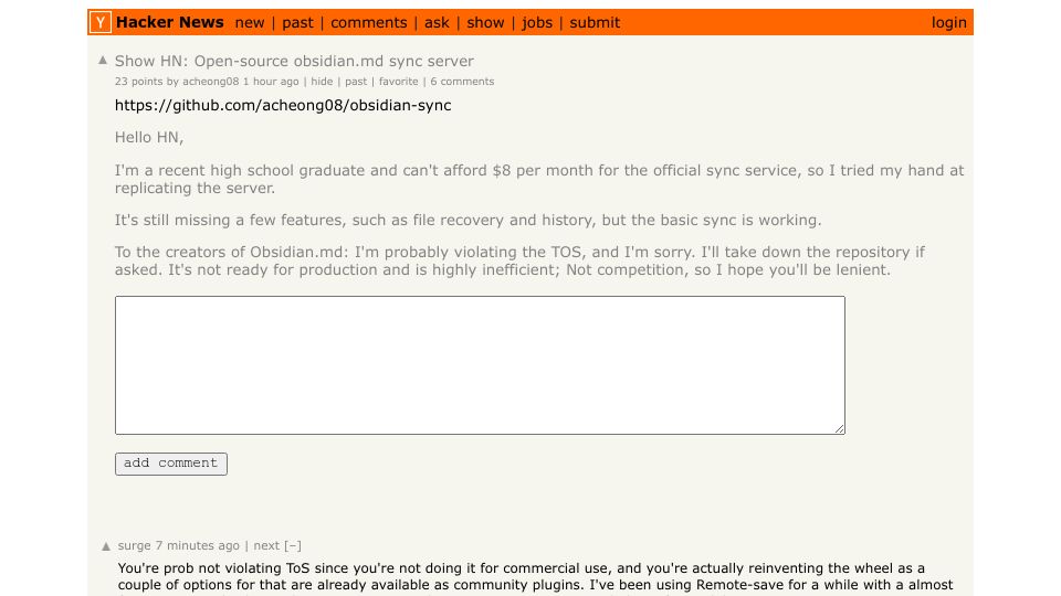 Screenshot of Hacker News post: Show HN: Open-source obsidian.md sync server