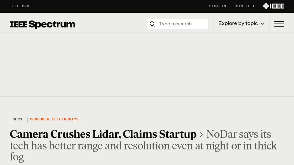 Screenshot of spectrum.ieee.org: Camera crushes Lidar, claims startup