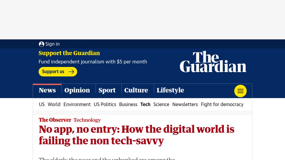 Screenshot of theguardian.com: No app, no entry: How the digital world is failing the non tech-savvy