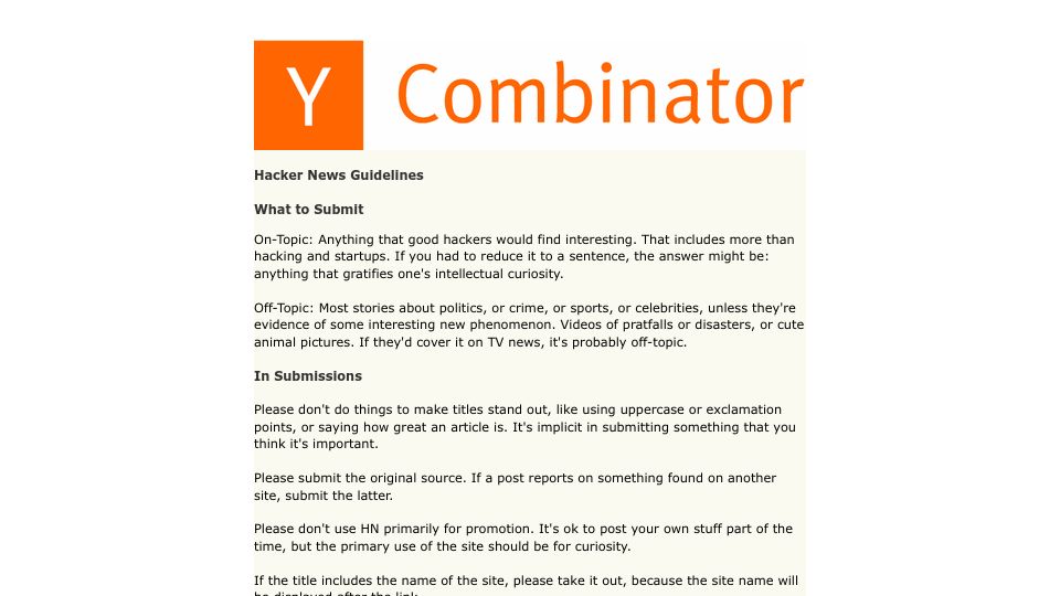 Screenshot of news.ycombinator.com: Hacker News Guidelines