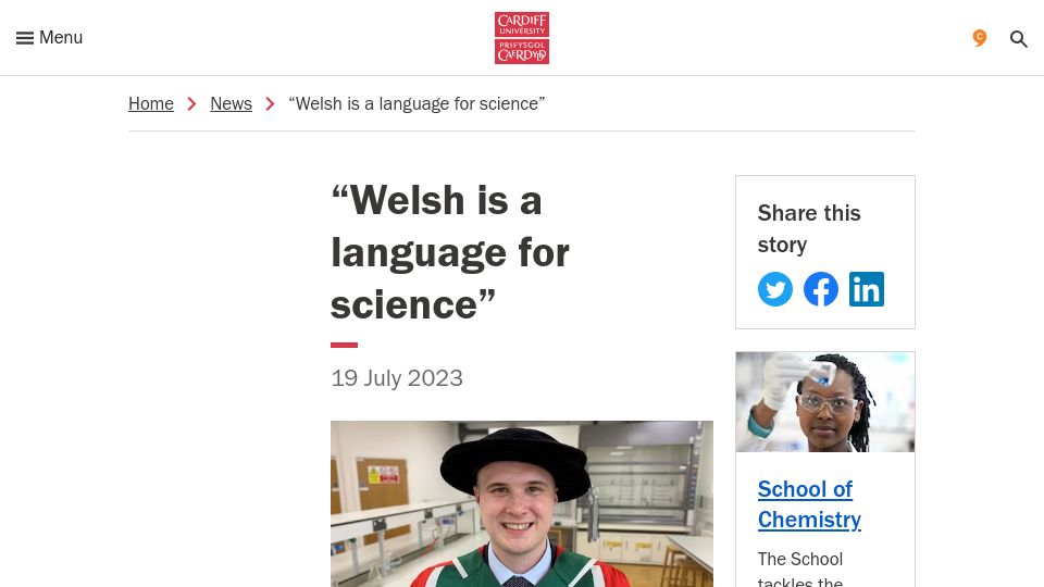 Screenshot of cardiff.ac.uk: Welsh Is a Language for Science