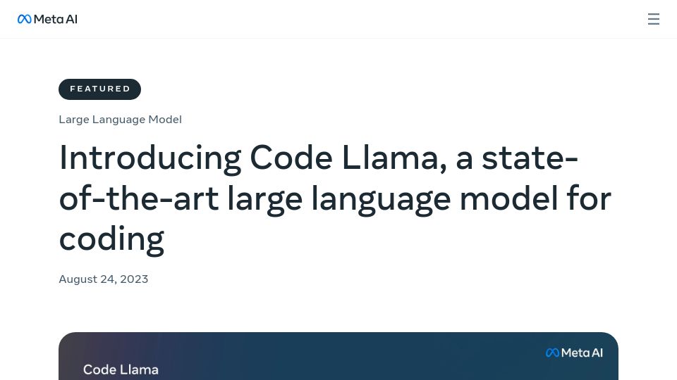 Screenshot of ai.meta.com: Code Llama, a state-of-the-art large language model for coding