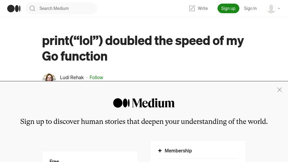 Screenshot of medium.com: Print(“lol”) doubled the speed of my Go function