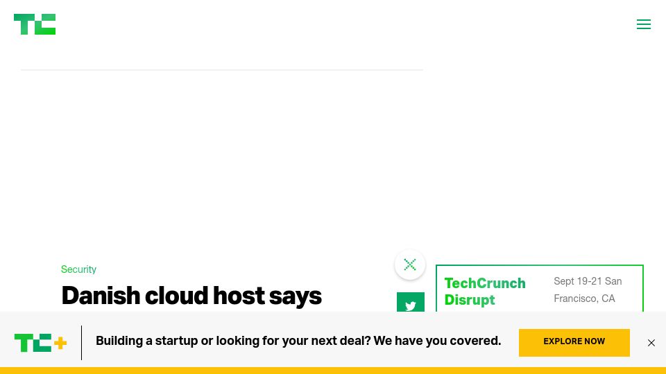 Screenshot of techcrunch.com: Danish cloud host says customers ‘lost all data’ after ransomware attack