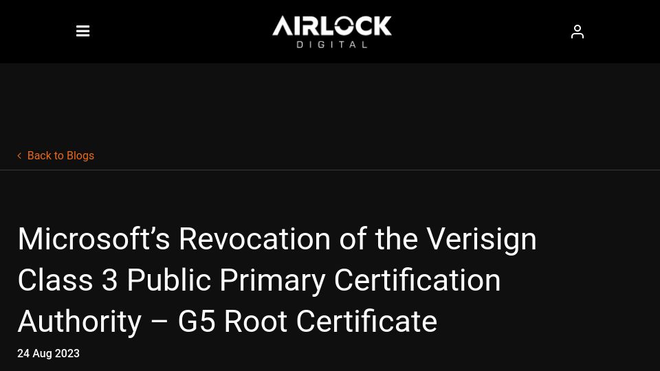 Screenshot of airlockdigital.com: Microsoft’s Revocation of the Verisign Class 3 Public Primary G5 Root Cert