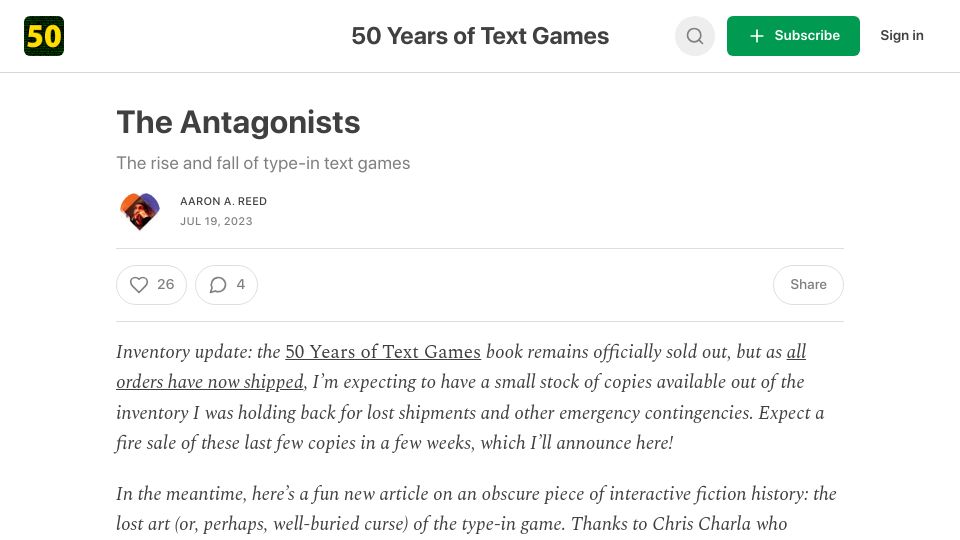 Screenshot of if50.substack.com: The Antagonists: The rise and fall of type-in text games