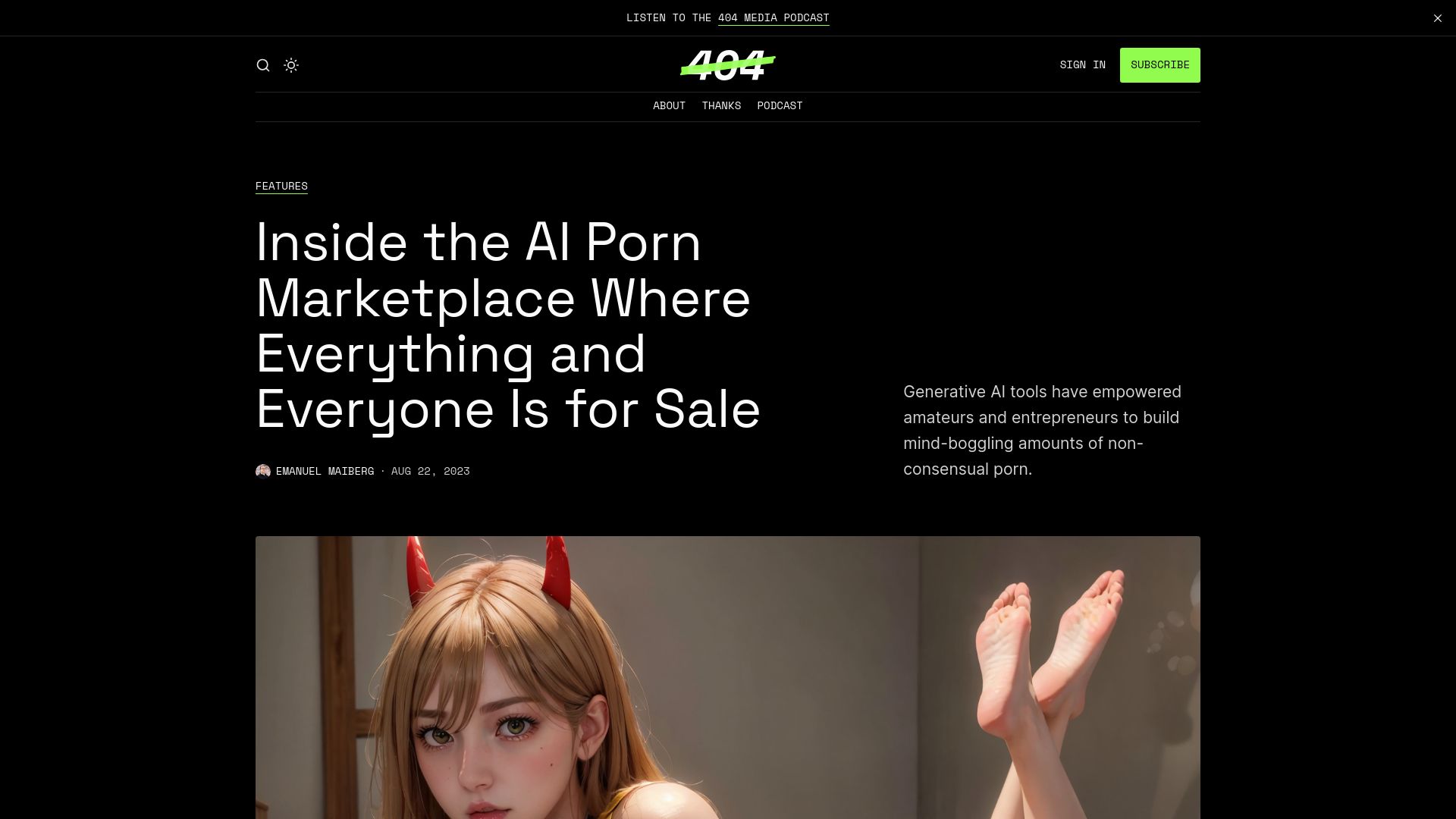 Screenshot of 404media.co: Inside the AI porn marketplace