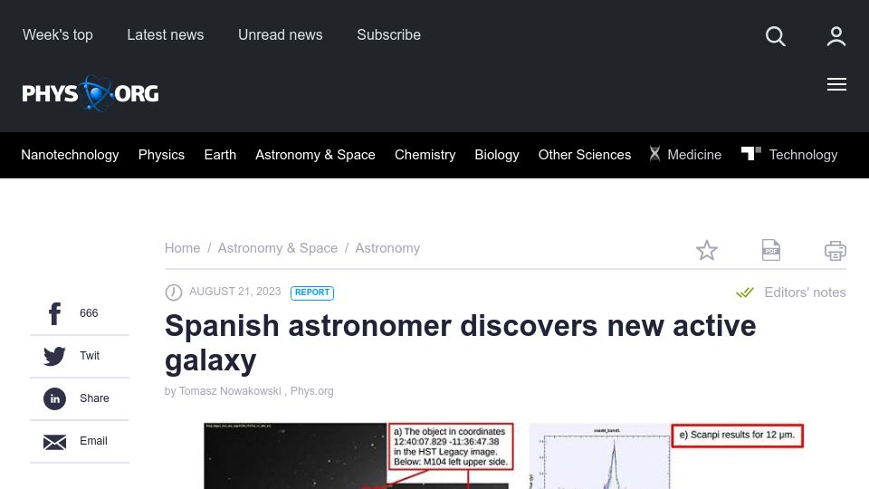 Screenshot of phys.org: Spanish astronomer discovers new active galaxy