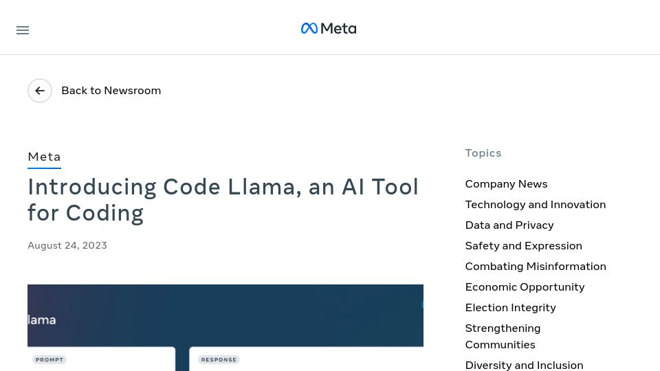 Screenshot of ai.meta.com: Code Llama, a state-of-the-art large language model for coding