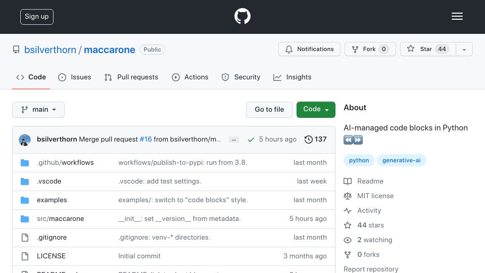 Screenshot of github.com: Maccarone: AI-managed code blocks in Python