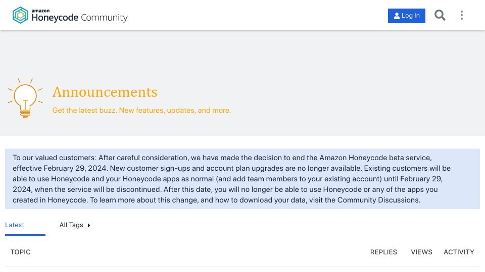 Screenshot of honeycodecommunity.aws: Amazon Honeycode Shutting Down