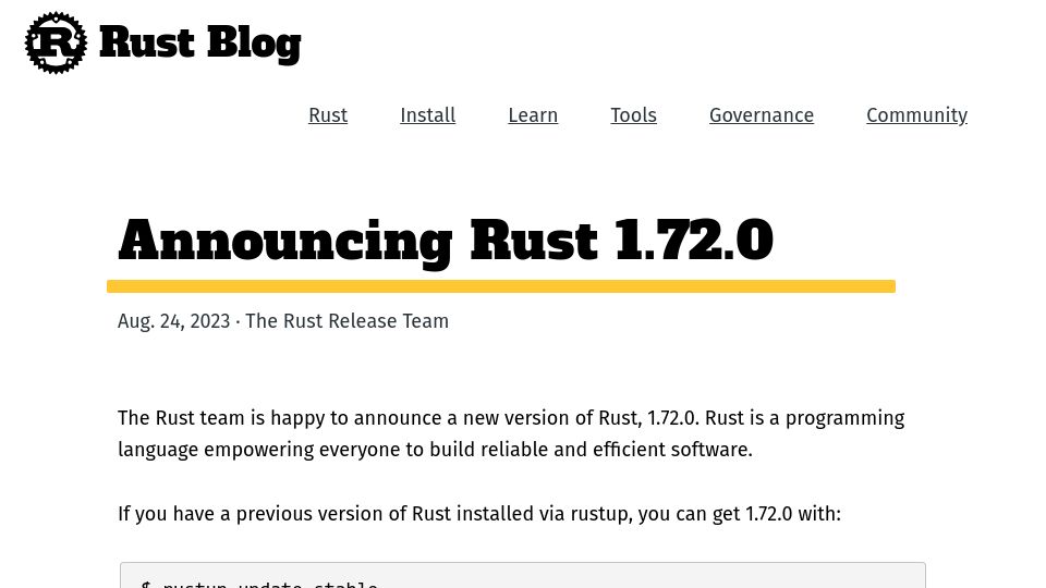 Screenshot of blog.rust-lang.org: Rust 1.72.0
