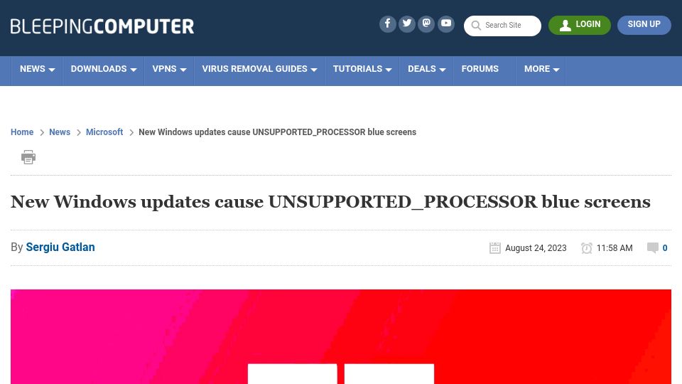 Screenshot of bleepingcomputer.com: New Windows updates cause UNSUPPORTED_PROCESSOR blue screens