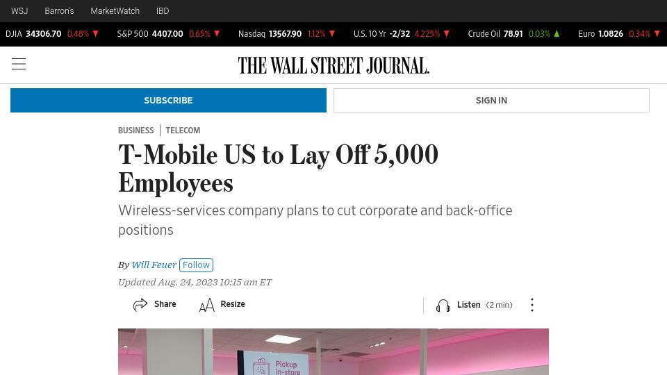 Screenshot of wsj.com: T-Mobile US to Lay Off 5k Employees