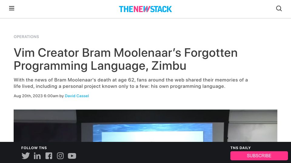 Screenshot of thenewstack.io: Bram Moolenaar's programming language, Zimbu
