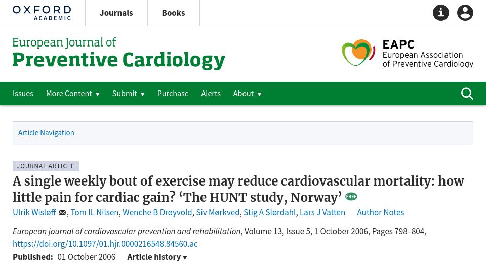Screenshot of academic.oup.com: A single weekly bout of exercise may reduce cardiovascular mortality (2006)