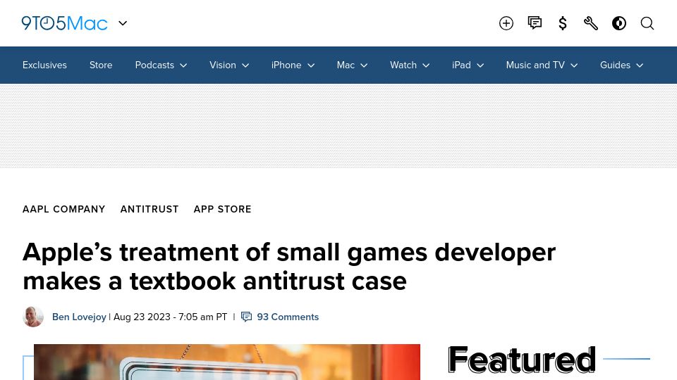 Screenshot of 9to5mac.com: Apple’s treatment of small games developer makes a textbook antitrust case