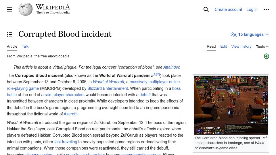 Screenshot of en.wikipedia.org: Corrupted Blood incident