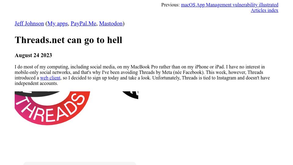 Screenshot of lapcatsoftware.com: Threads.net Can Go to Hell