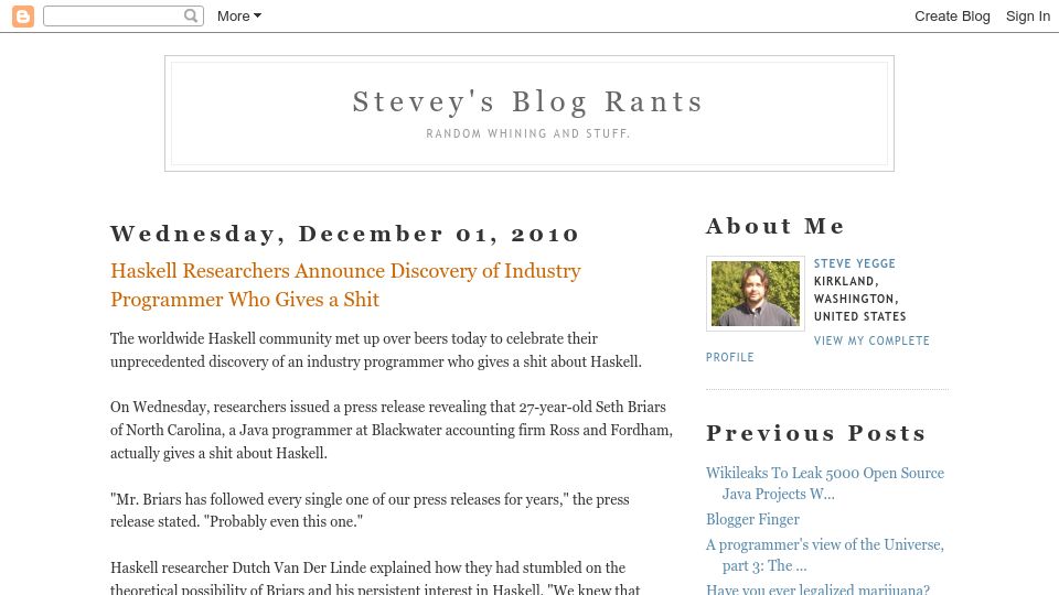 Screenshot of steve-yegge.blogspot.com: Haskell Researchers Announce Discovery of Industry Programmer Who Gives a Shit