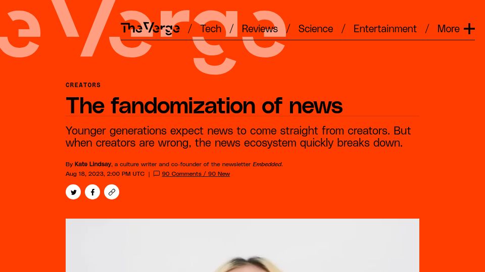 Screenshot of theverge.com: The Fandomization of News