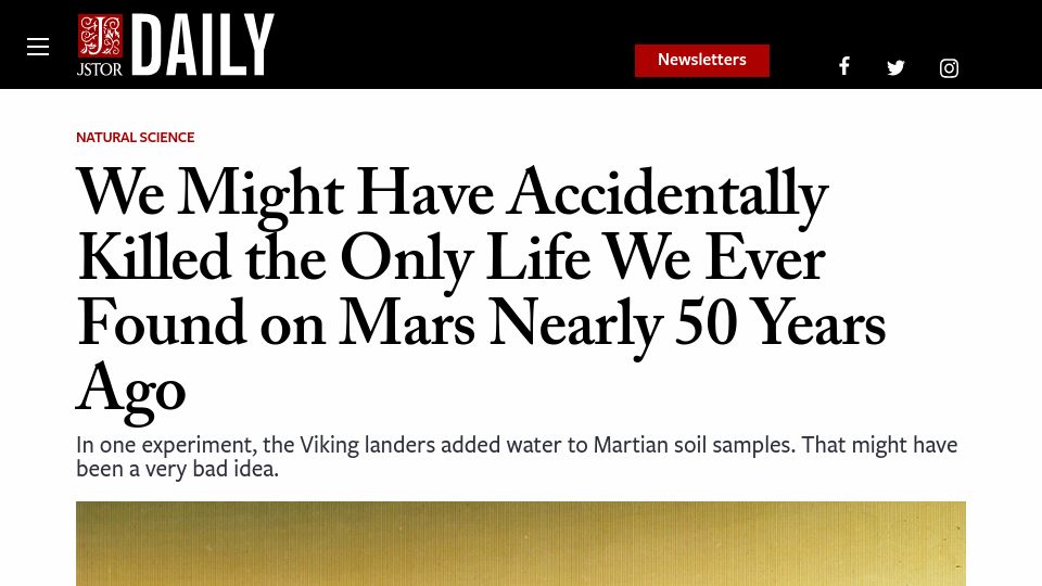 Screenshot of daily.jstor.org: Adding water to Martian soil samples might have been a bad idea