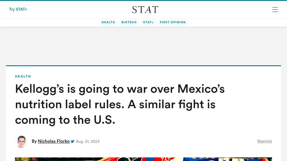 Screenshot of statnews.com: Kellogg’s is going to war over Mexico’s nutrition label rules