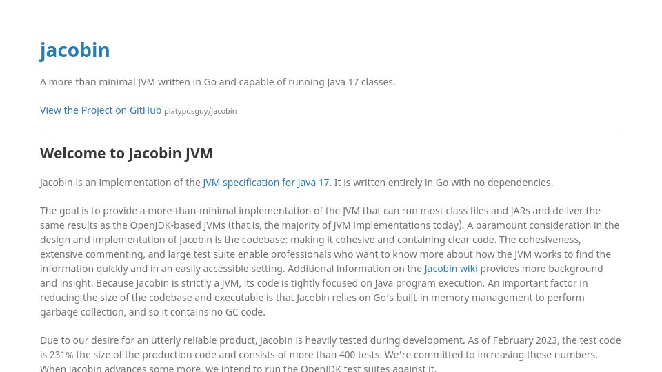 Screenshot of jacobin.org: Jacobin: A more than minimal JVM written in Go