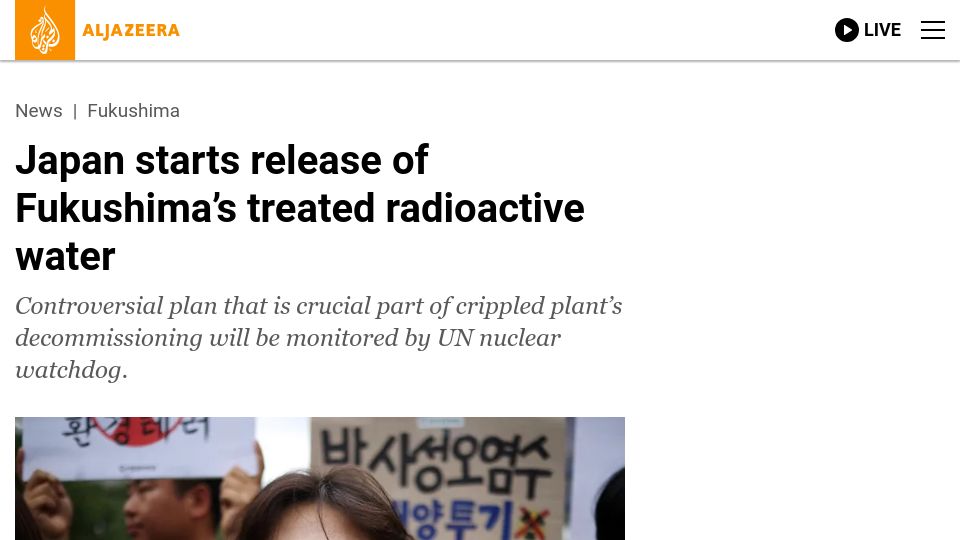 Screenshot of aljazeera.com: Japan starts release of Fukushima’s treated radioactive water