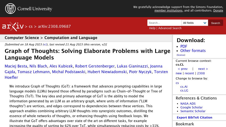 Screenshot of arxiv.org: Graph of Thoughts: Solving Elaborate Problems with Large Language Models