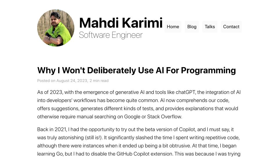 Screenshot of mahdikarimi.com: I Won't Deliberately Use AI for Programming