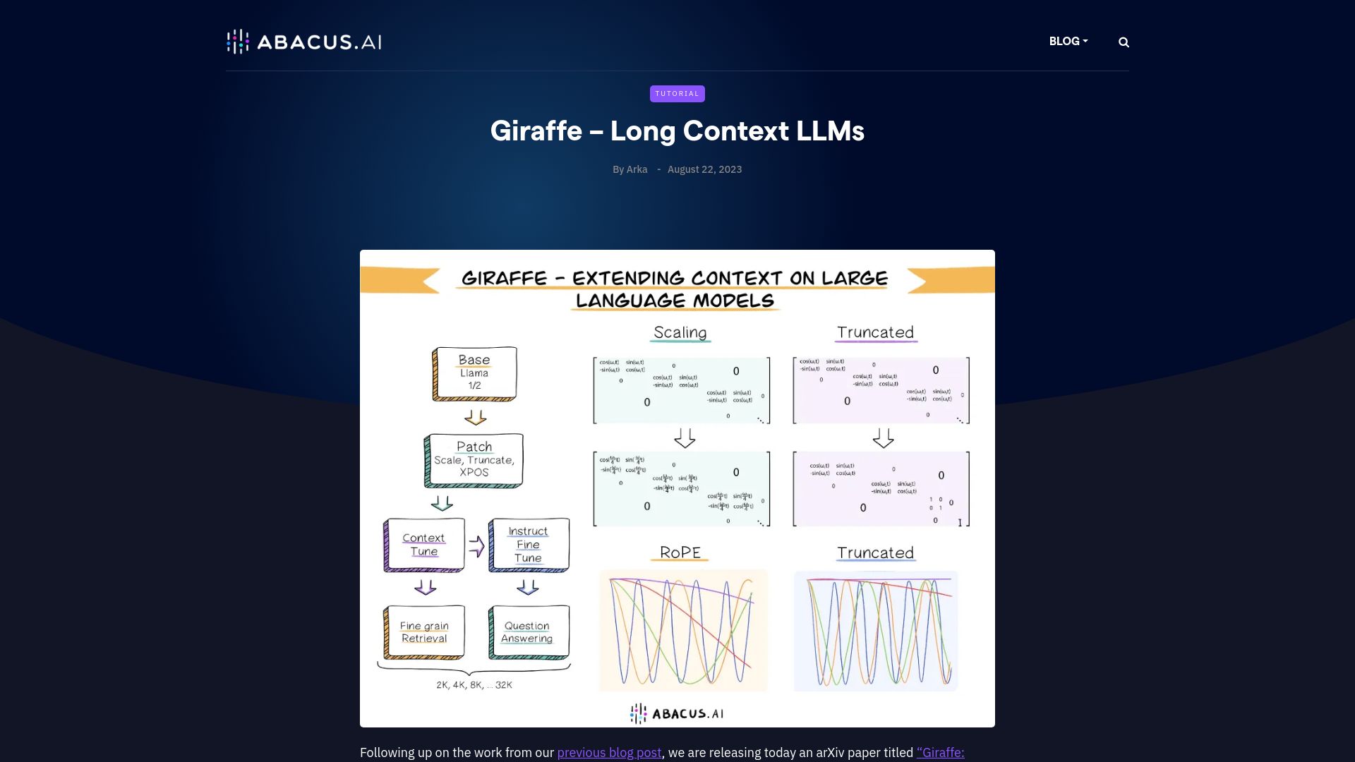 Screenshot of blog.abacus.ai: Open source LLM with 32k Context Length