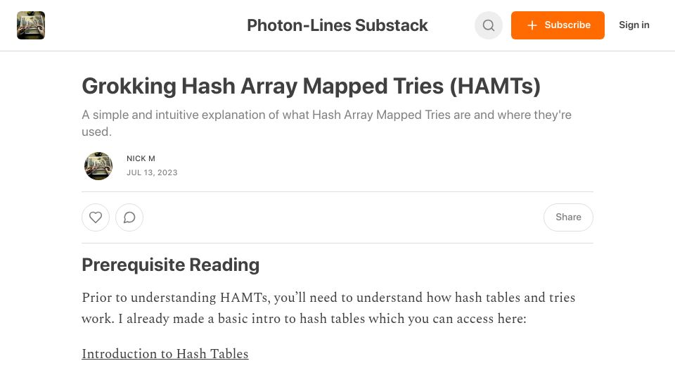 Screenshot of photonlines.substack.com: Grokking Hash Array Mapped Tries (HAMTs)