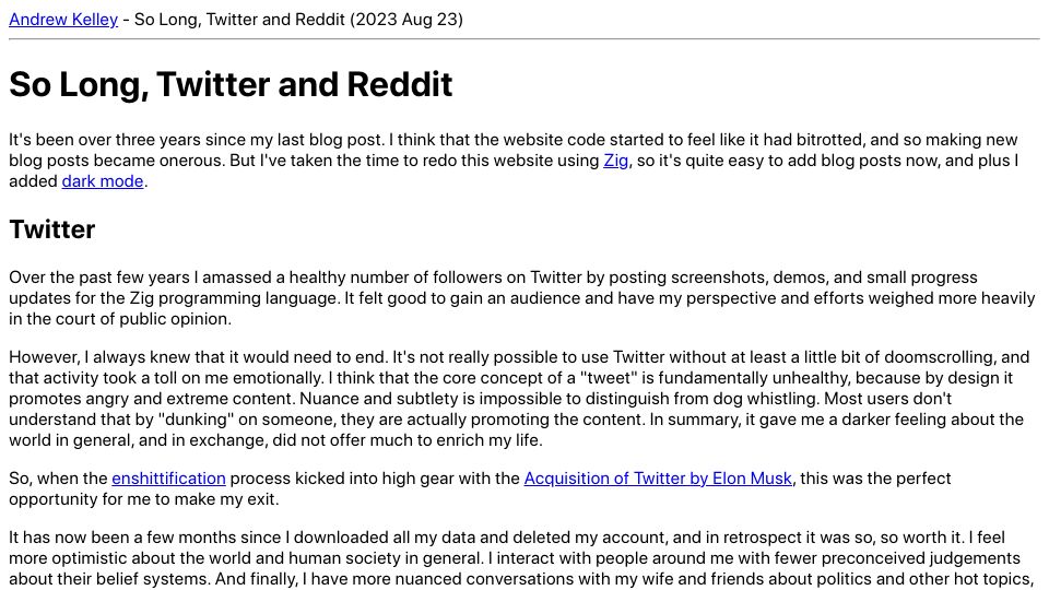 Screenshot of andrewkelley.me: So Long, Twitter and Reddit