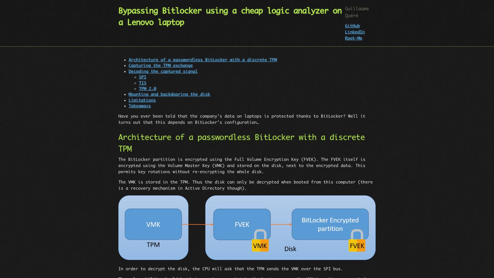 Screenshot of errno.fr: Bypassing Bitlocker using a cheap logic analyzer on a Lenovo laptop