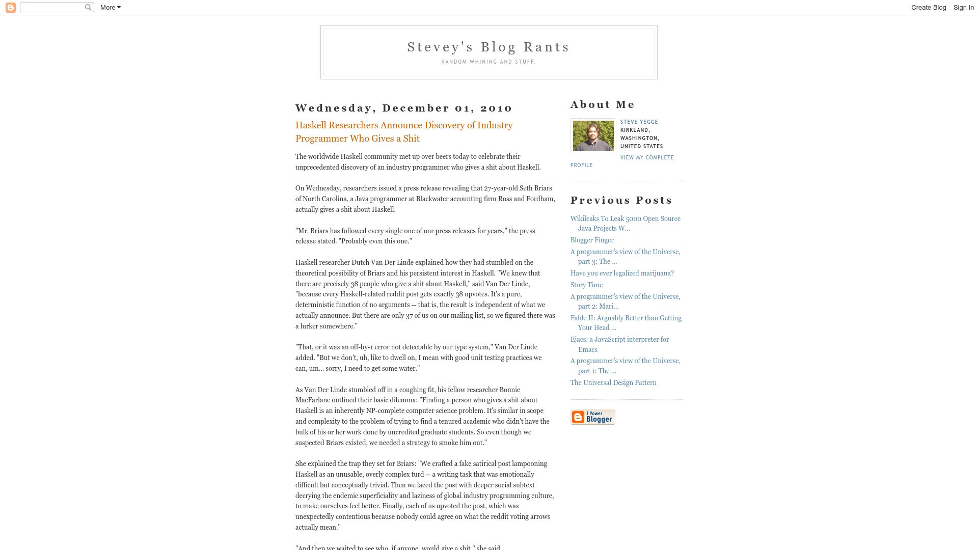 Screenshot of steve-yegge.blogspot.com: Haskell Researchers Announce Discovery of Industry Programmer Who Gives a Shit