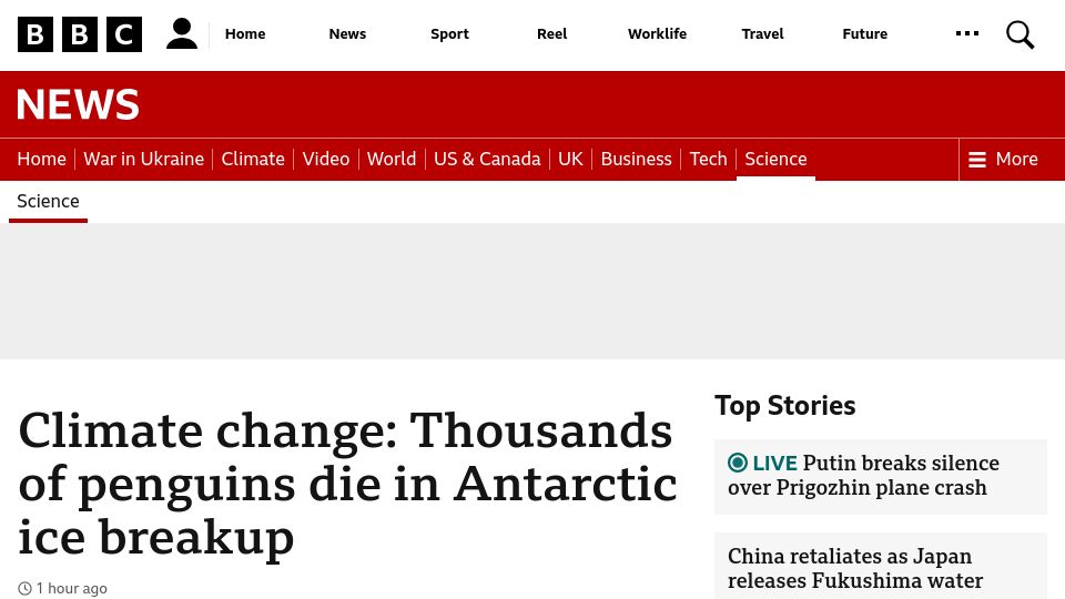 Screenshot of bbc.com: Climate change: Thousands of penguins die in Antarctic ice breakup