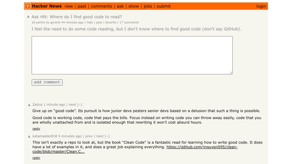 Screenshot of Hacker News post: Ask HN: Where do I find good code to read?