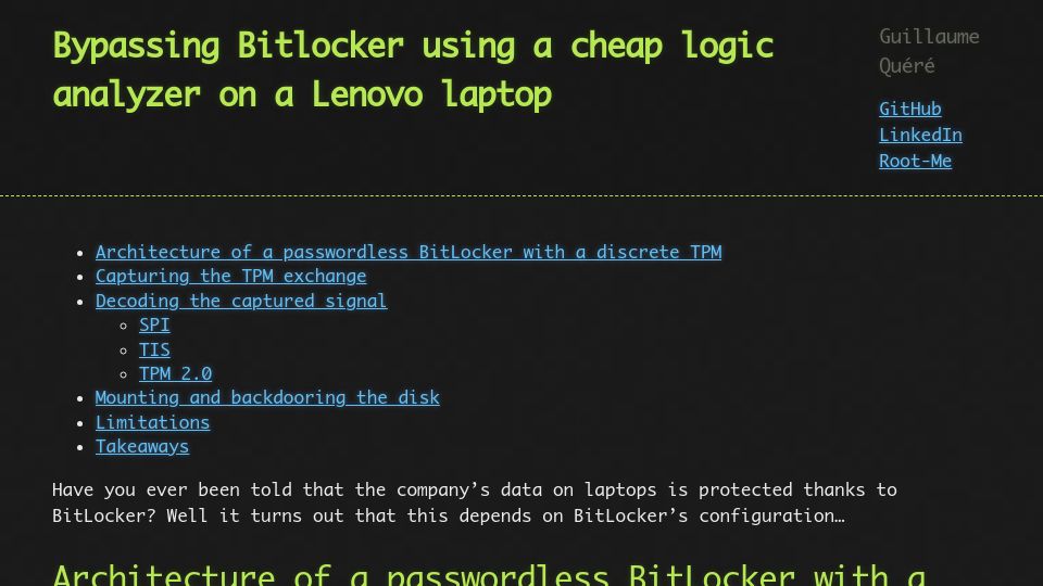 Screenshot of errno.fr: Bypassing Bitlocker using a cheap logic analyzer on a Lenovo laptop