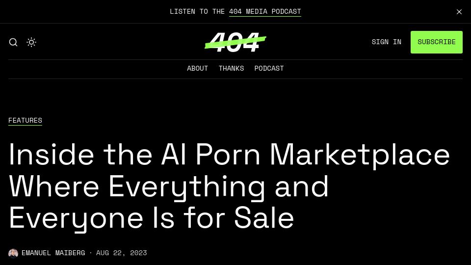 Screenshot of 404media.co: Inside the AI porn marketplace